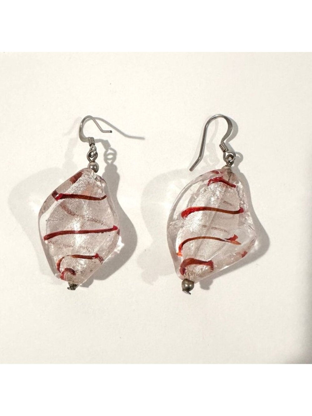 Tigrato Murano Clear & Red Glass Twist Dangle Earrings